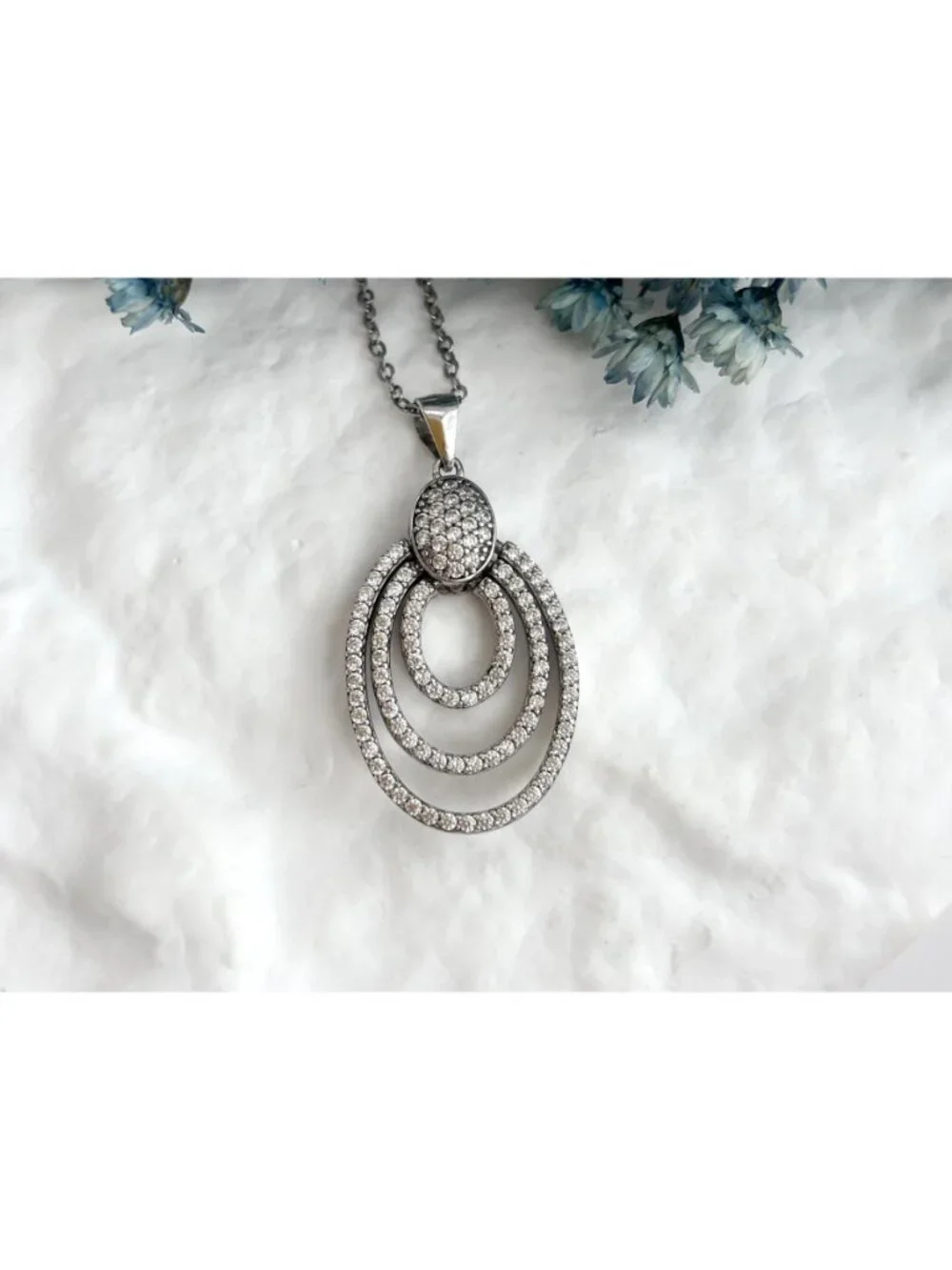 Triple Oval Sterling Silver Pave Bridal 925 Vintage Pendant Necklace - 18